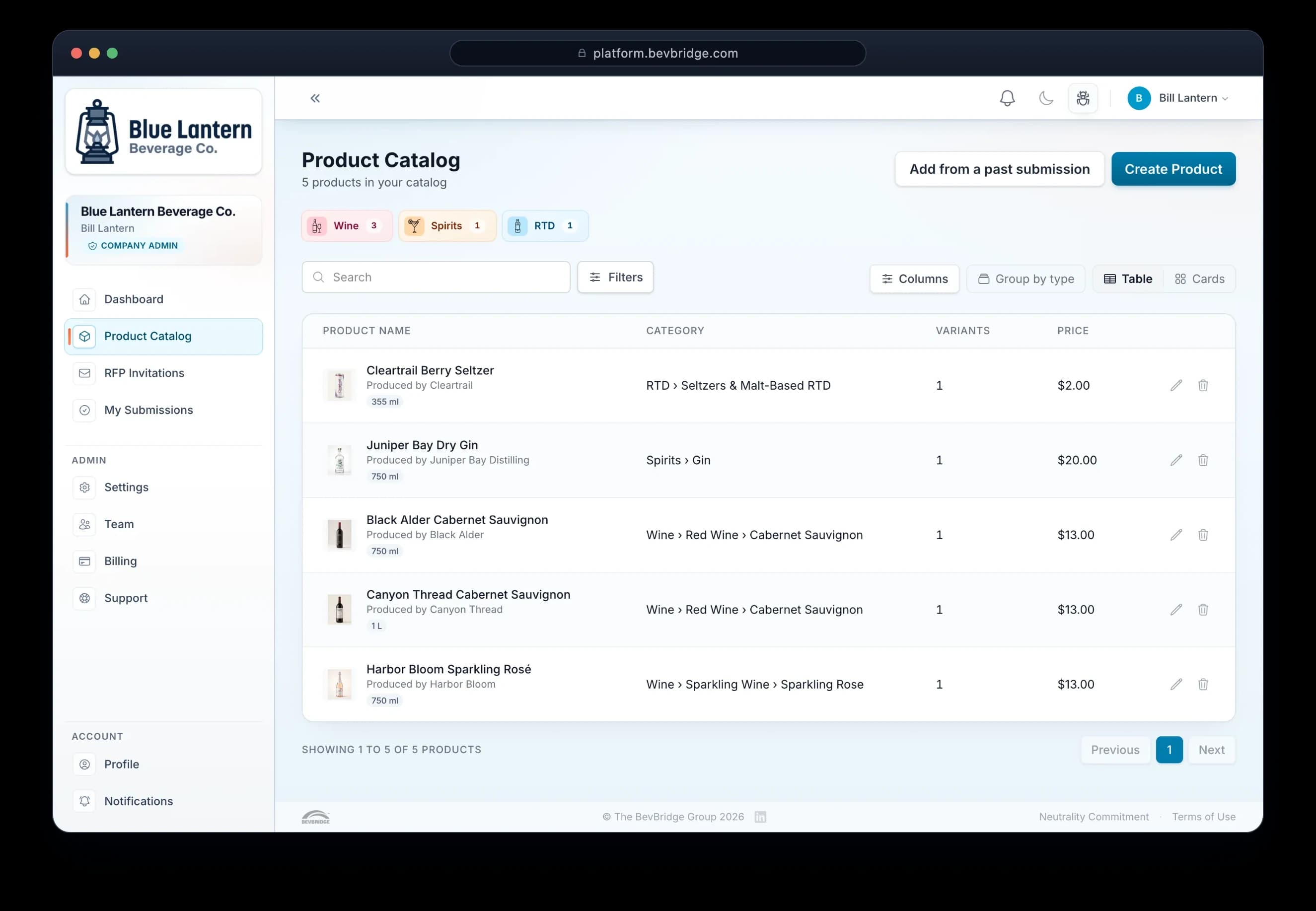 Structured beverage product data in BevBridge — the kind of catalog records AI can help extract, match, and review.